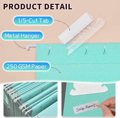 25-Pack Green Hanging File Folders, Letter Size (8.5" x 11") with 1/5-Cut Tabs,Includes 35 Transparent Label Cards & 50 Sticker Labels for Home & Office Organization