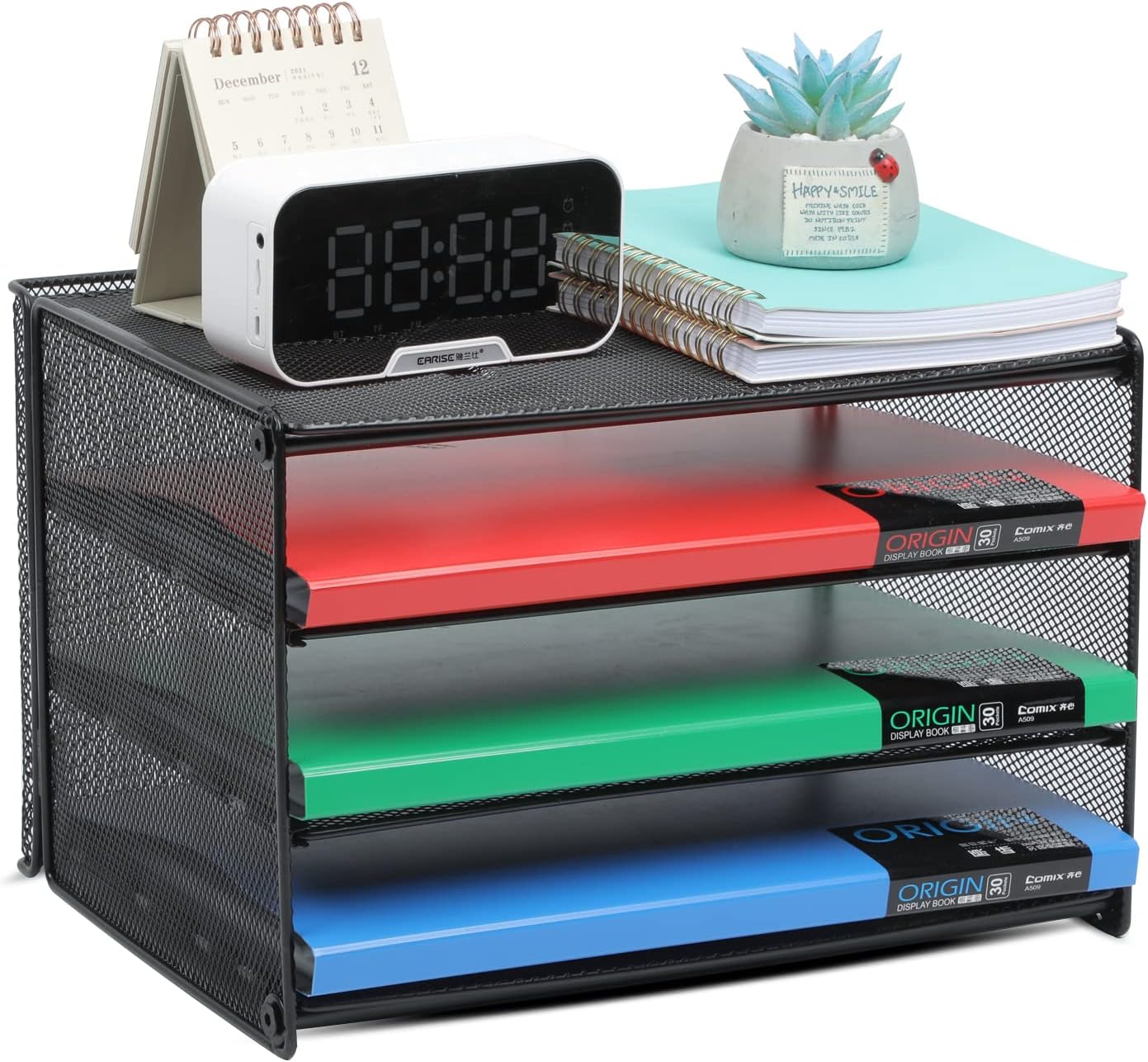 Samstar 3 Tier Letter Tray Paper Organizer with Handle, Mesh Desk Organizer Paper Sorter File Rack Shelves, Black