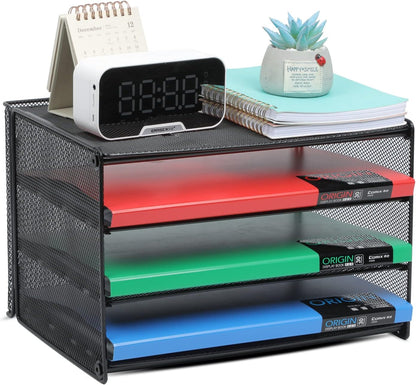 Samstar 3 Tier Letter Tray Paper Organizer with Handle, Mesh Desk Organizer Paper Sorter File Rack Shelves, Black