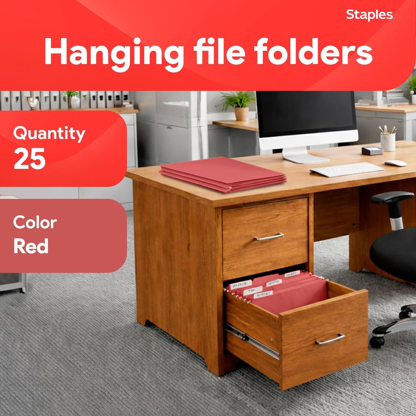 Staples Hanging File Folders, Letter Size, Blue, 5‑Tab, 1/5‑Cut Tabs, Includes Tabs & Inserts – 25/Pack