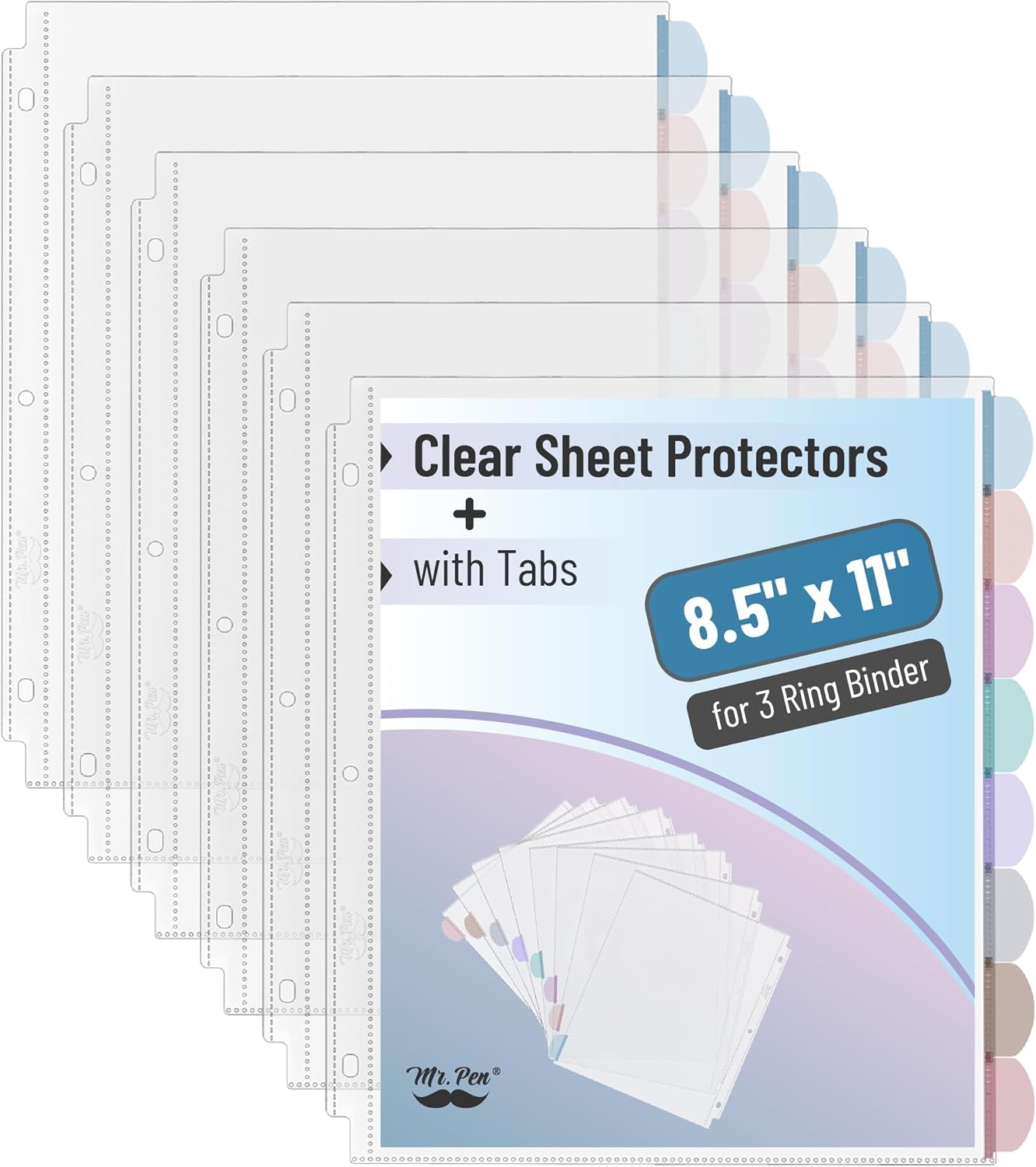 Mr. Pen- Clear Sheet Protectors with Tabs, 8.5x11 Inches, 8 Tabs, 2 Sets, Durable Clear Plastic Dividers for 3 Ring Binders, Insertable Index Page Divider with Multicolor Tabs