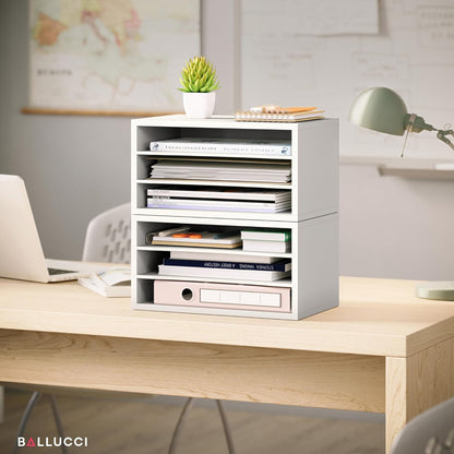 Ballucci 4-Tier Paper Organizer for Desk, Stackable Tray, Desk Storage Organizer Shelves, Stacking Letter Paper Tray Sorter for Classroom Office, Black