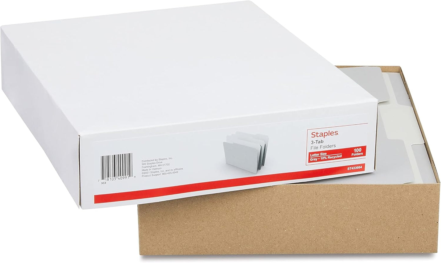 Staples File Folders, Letter Size, 1/3‑Cut Tabs, Purple, Durable 10.5‑Point Paper Stock, 100/Pack