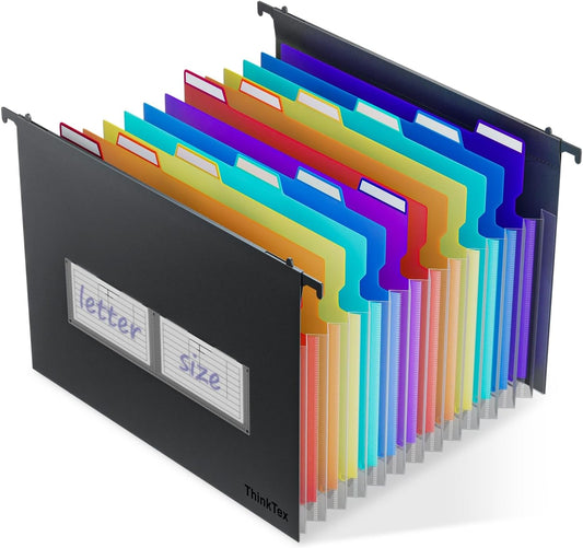 ThinkTex Plastic Expanding Hanging File Folders,12 Accordion Pockets,Large Capacity for Letter Size, Organizer for Filing Cabinet,Ideal for Tax,Contracts,Invoices,for Office,School-black-2set
