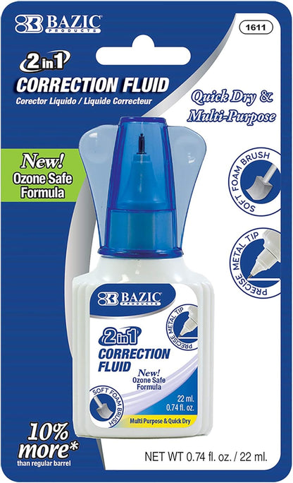 BAZIC Products Correction Liquid 2 in 1 (0.74 oz / 22 ml), Foam Brush & Precise Metal Tip Applicator, Instant Corrections Pen White Out Wipe Out Fluid, 1-Pack