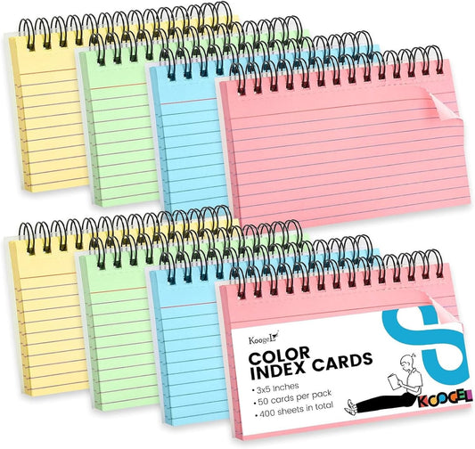 Koogel Spiral Index Cards 3x5 Ruled, 400 Count (5 Packs of 80) White Spiral Bound FlashCards with Waterproof Cover, Tear-Off Note Cards with Ring for Studying, School, Office & Memory