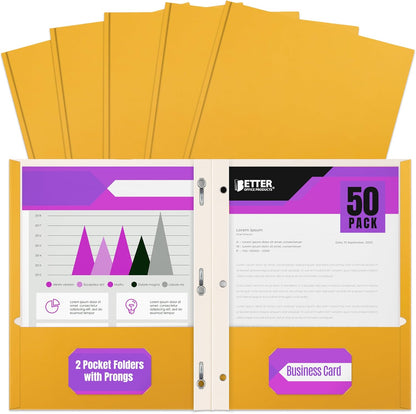 Better Office Products Blue Paper 2 Pocket Folders with Prongs, 50 Pack, Matte Texture, Letter Size Paper Folders, 50 Pack, with 3 Metal Prong Fastener Clips, Blue