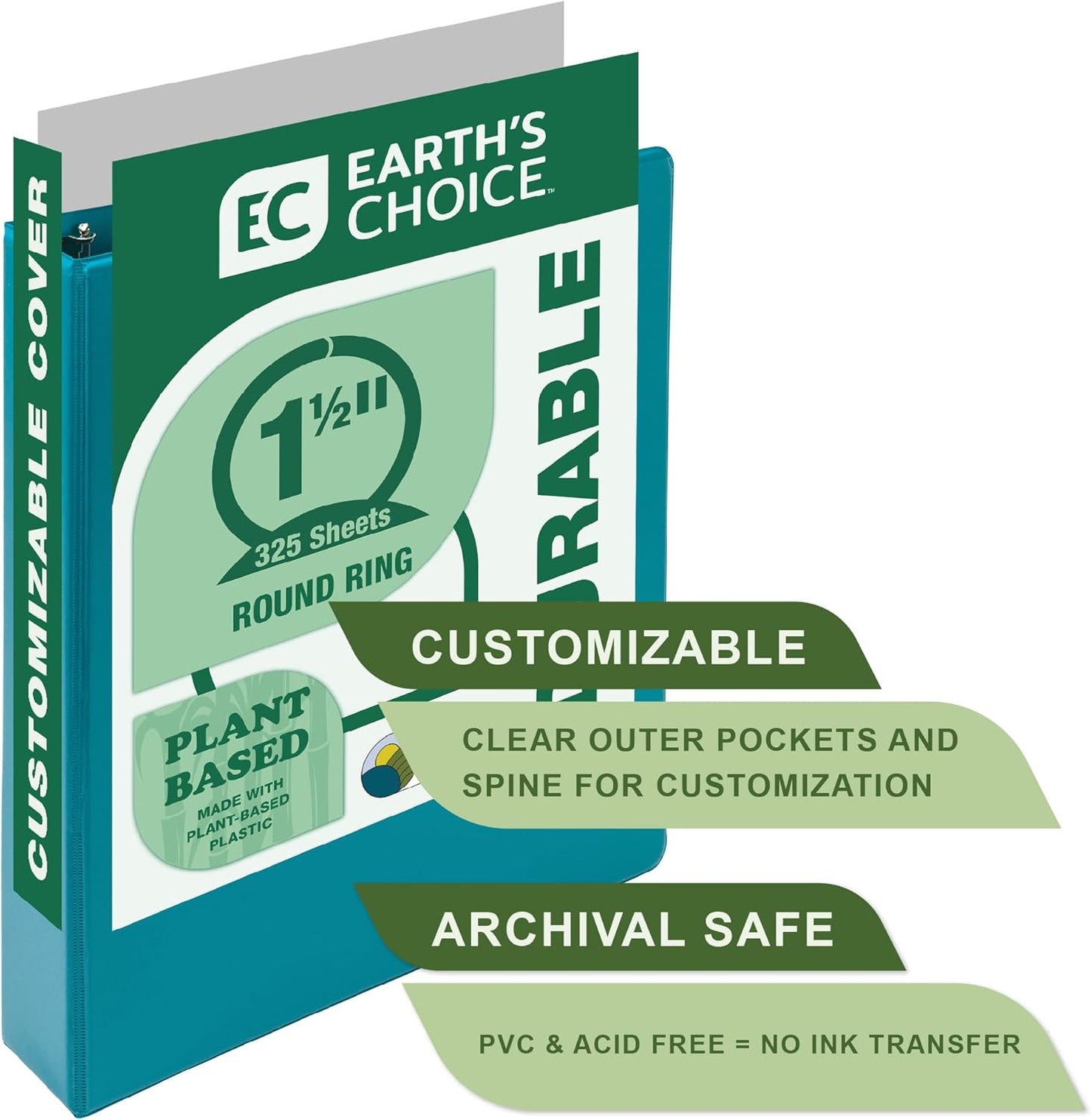 Samsill Plant-Based 2 Inch Durable Round Ring, View Binder, Eco-Friendly, USDA Certified Biobased, Single, Turquoise