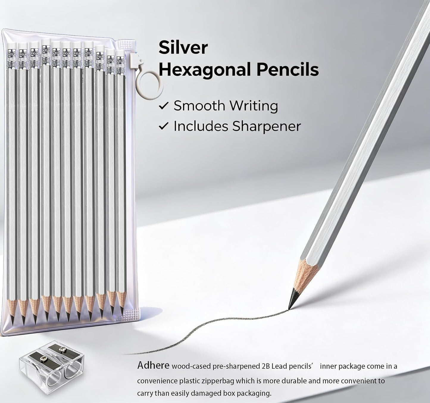 Adhere 25pcs Woodcase Pencils with Eraser Premium Pre-Sharpened Hexagon Graphite 2B pencils ideal for home, office writing including a Free Sharpener(Pink・25pcs)