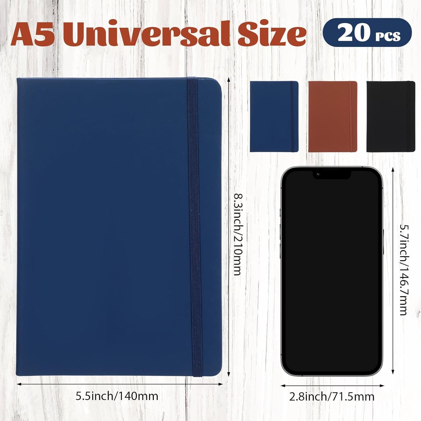 Honoson 20 Pack Lined Journal Notebooks A5 Hardcover Executive Notebook 5.5" x 8.3" PU Leather Wide Ruled Journals Bulk with Elastic Band for Home Business Office School Supplies(Black)
