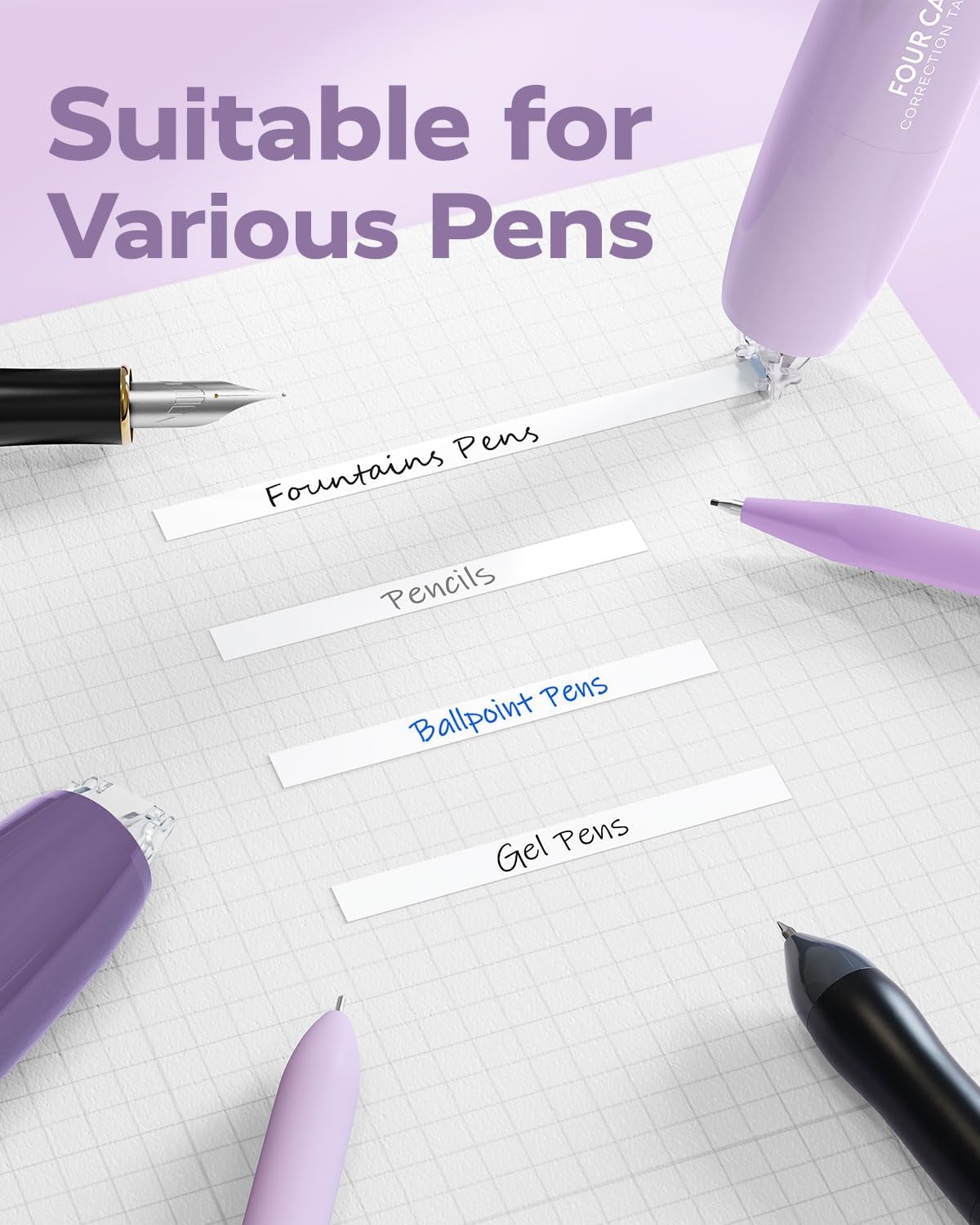 Four Candies Refillable Retractable White Correction Tape, 4PCS Smooth White Pull-Out Tape with 4 Extra Refills, Easy to Use Applicator for Instant Corrections for Office, School Supplies (Purple)