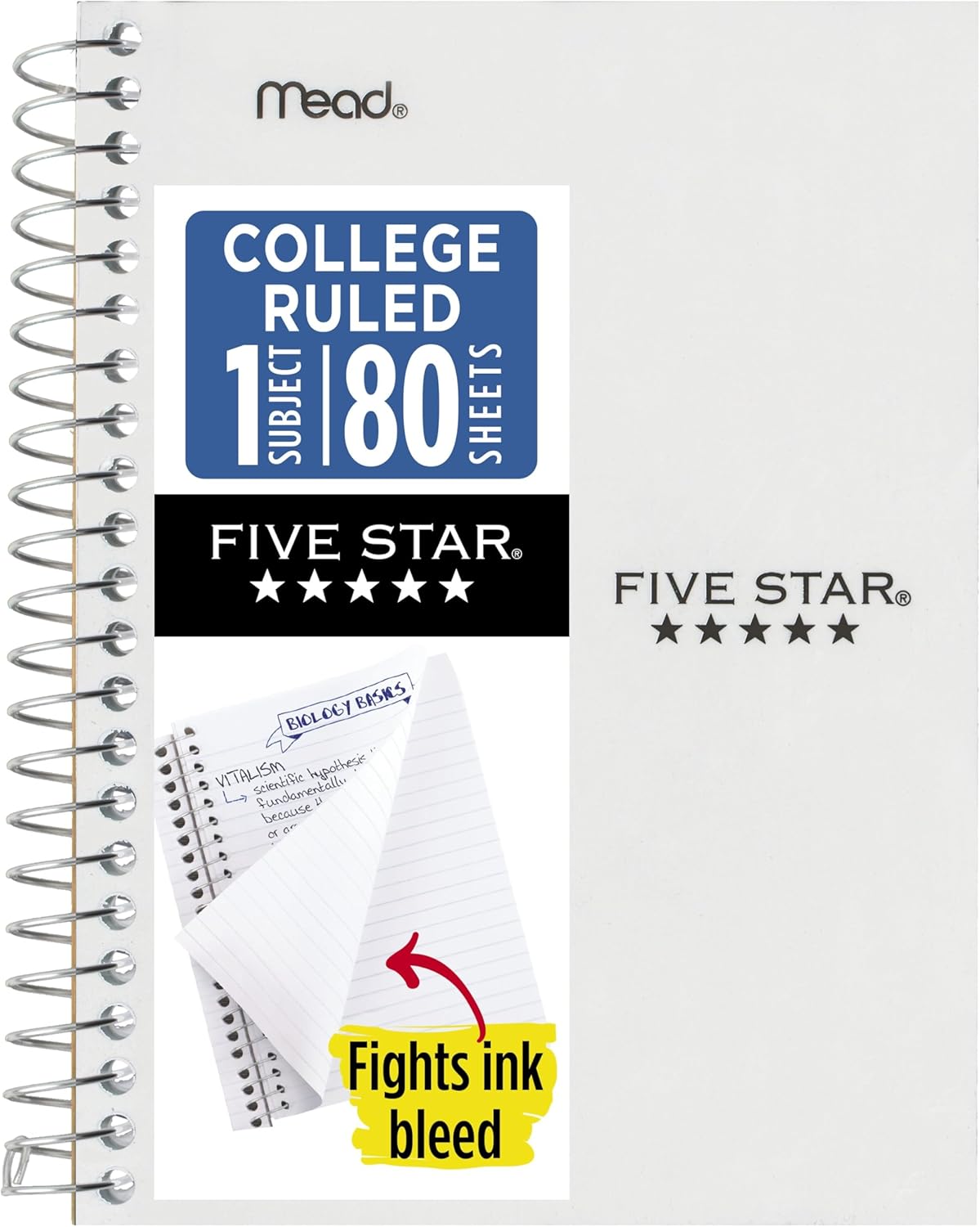 Five Star Spiral Notebook, 1 Subject, College Ruled Paper, 4-3/8" x 7", Personal Size, 80 Sheets, Fights Ink Bleed, Water Resistant Cover, Seaglass Green (450048CH1-ECM)