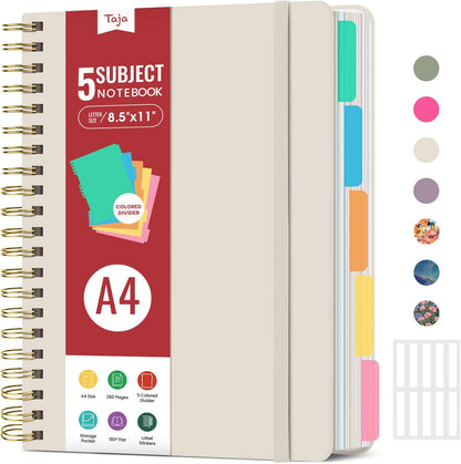 Hardcover Spiral Journal Notebooks for Work With Removable Dividers & Tabs, 8.5"x11" 5 Subject Notebook for Note Taking & Organizer, A4 College Ruled Lined Journal for Women & Writing, Aquamarine, 280 Pages