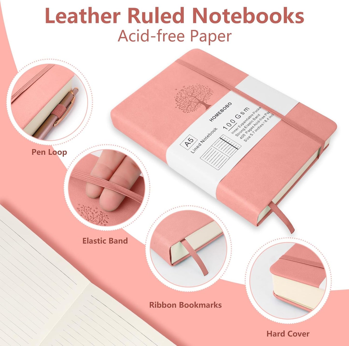 Journals for Writing, A5 Leather Ruled Notebook with 400 Pages, 100 Gms College Ruled Journal with Thick Paper, Hardcover with Inner Pocket & Pen Holder, Dark Green