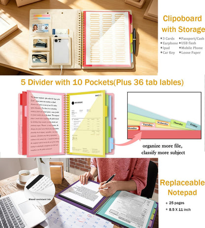 Grey Foldable Spiral Clipboard Folio with Storage Zipper Pouch, 5 Plastic Folders with Pockets,Refillable Lined Notepad (8.5" x 11"), Hardcover Project Organizer with 39 Stickers