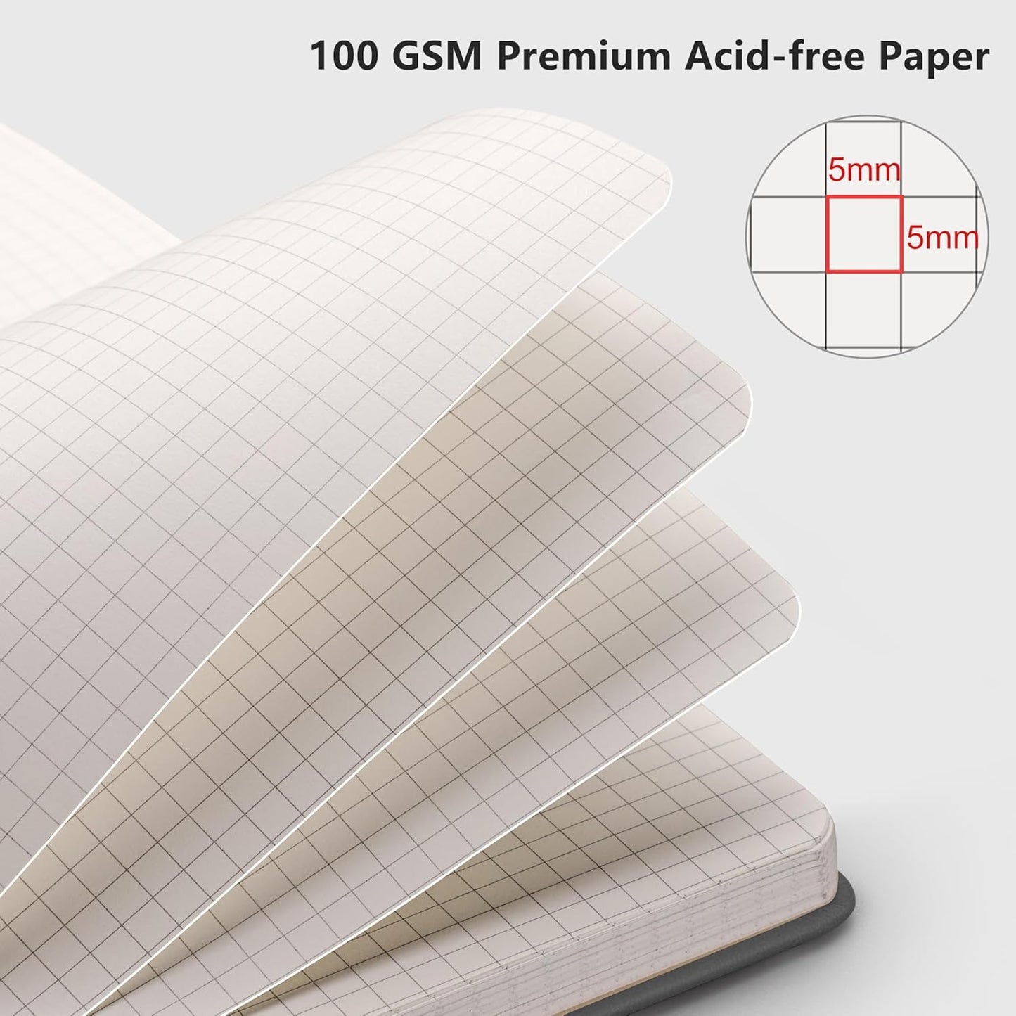 RETTACY Graph Grid Paper Notebook, 192 Pages, A5 Medium Size (5.7'' x 8.3''), 5 Squares per Inch, Leather Hardcover, 100 GSM Thick Paper, for School, Students, Math, Engineering (Brown)