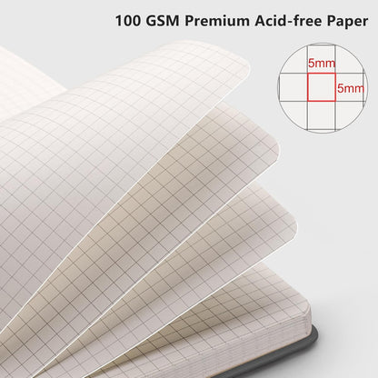 RETTACY Graph Grid Paper Notebook, 192 Pages, A5 Medium Size (5.7'' x 8.3''), 5 Squares per Inch, Leather Hardcover, 100 GSM Thick Paper, for School, Students, Math, Engineering (Brown)
