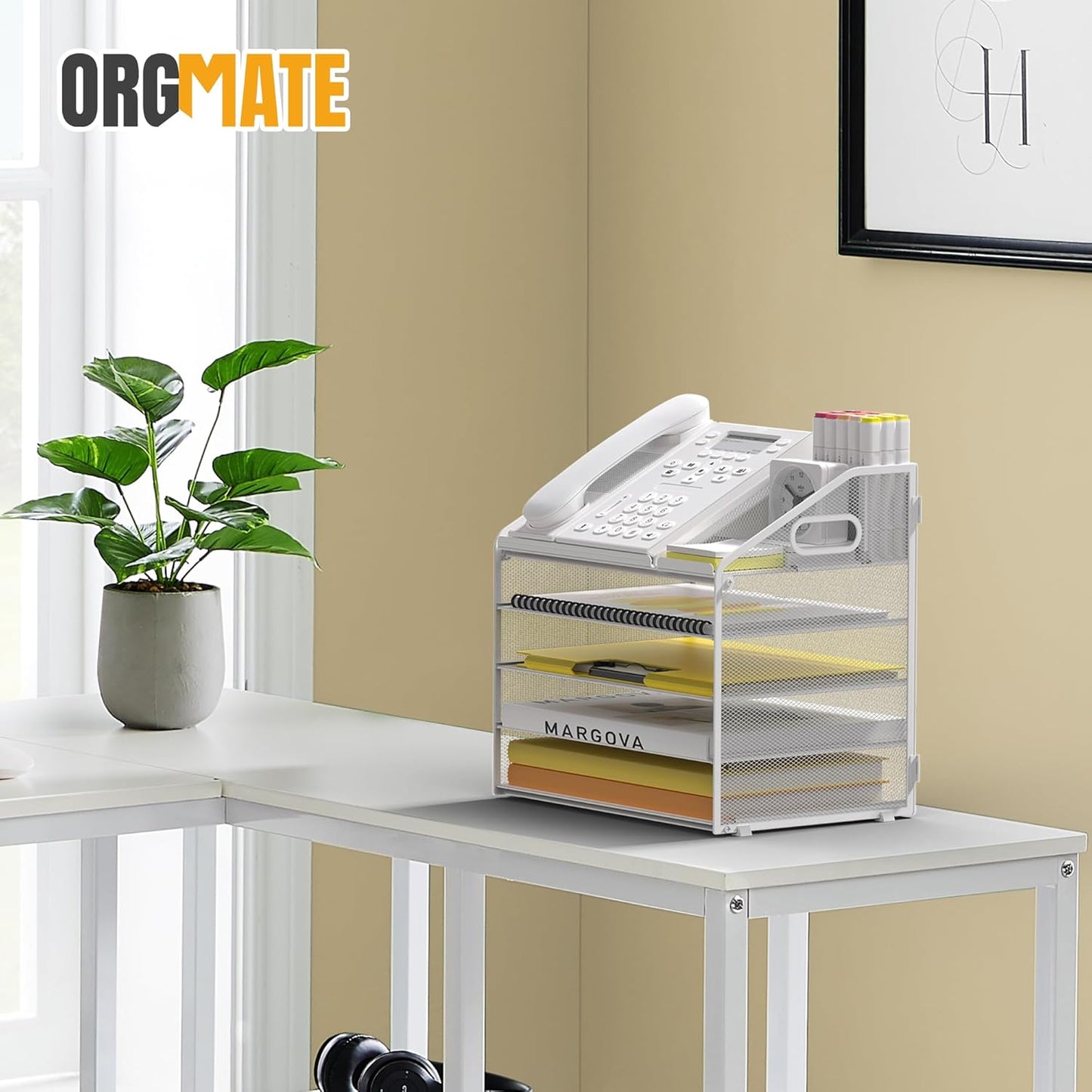 Letter Tray Paper, 4 Tier Desk Organizer with Pen Holder and Handle Mesh File Organizer Paper Sorter Metal Desktop Document Shelf for Office Home Classroom -Black