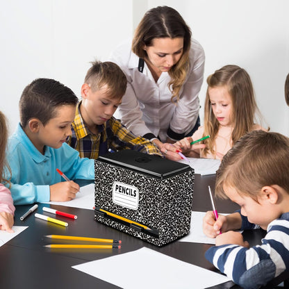 Briwooody Composition Pencil Dispenser for Classroom Back to School Teacher Must Have Black White Composition Notebook Classroom Decor Pencil Dispenser with Lid Teacher Gift for Pre K to Middle School
