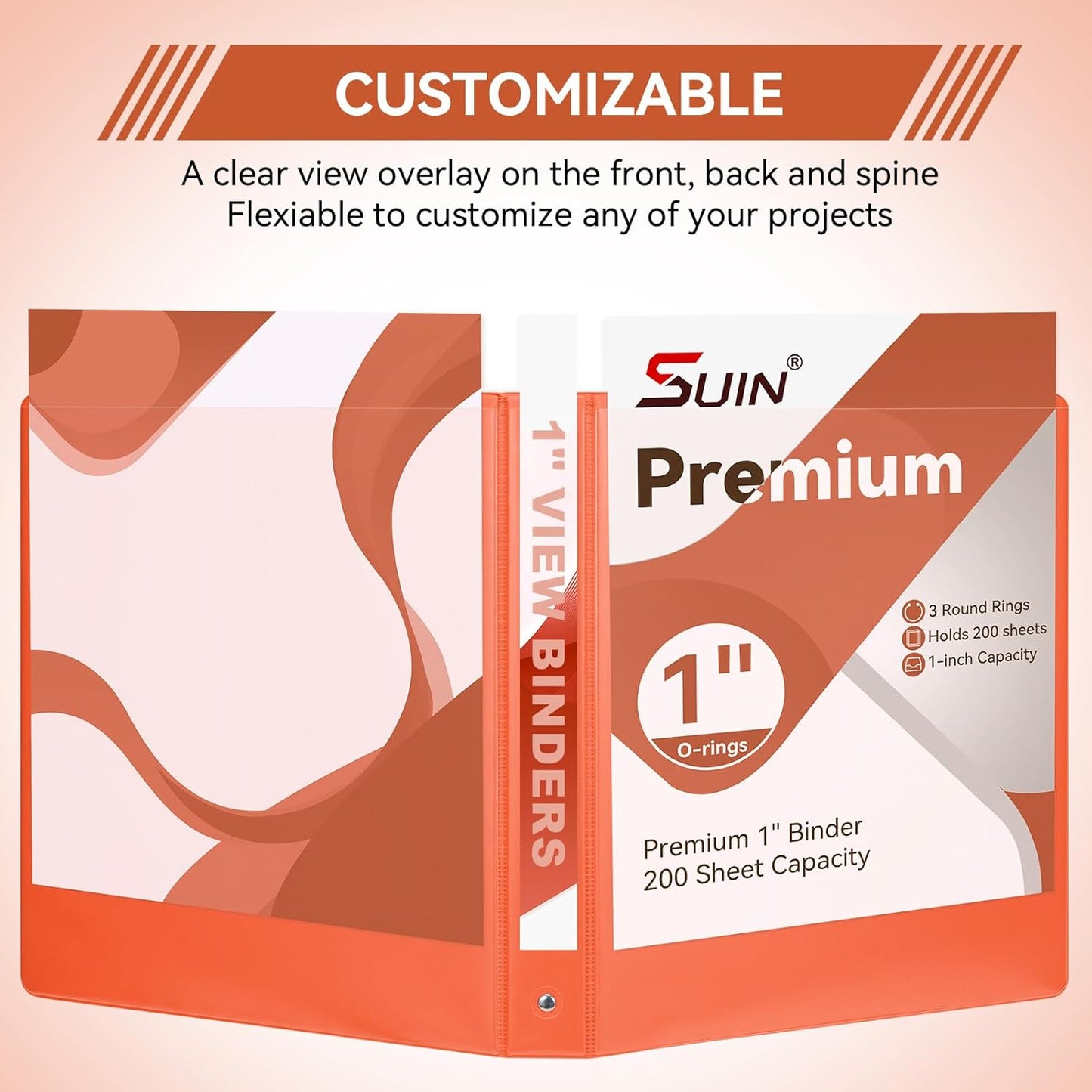 SUIN 1 Inch 3 Ring Binder, Clear 1'' View Presentation Binders with 2 Pockets, Fits 8.5 x 11 Letter Size, Durable Polypropylene, Non-Stick & PVC-Free for School, Office & Home (Orange)