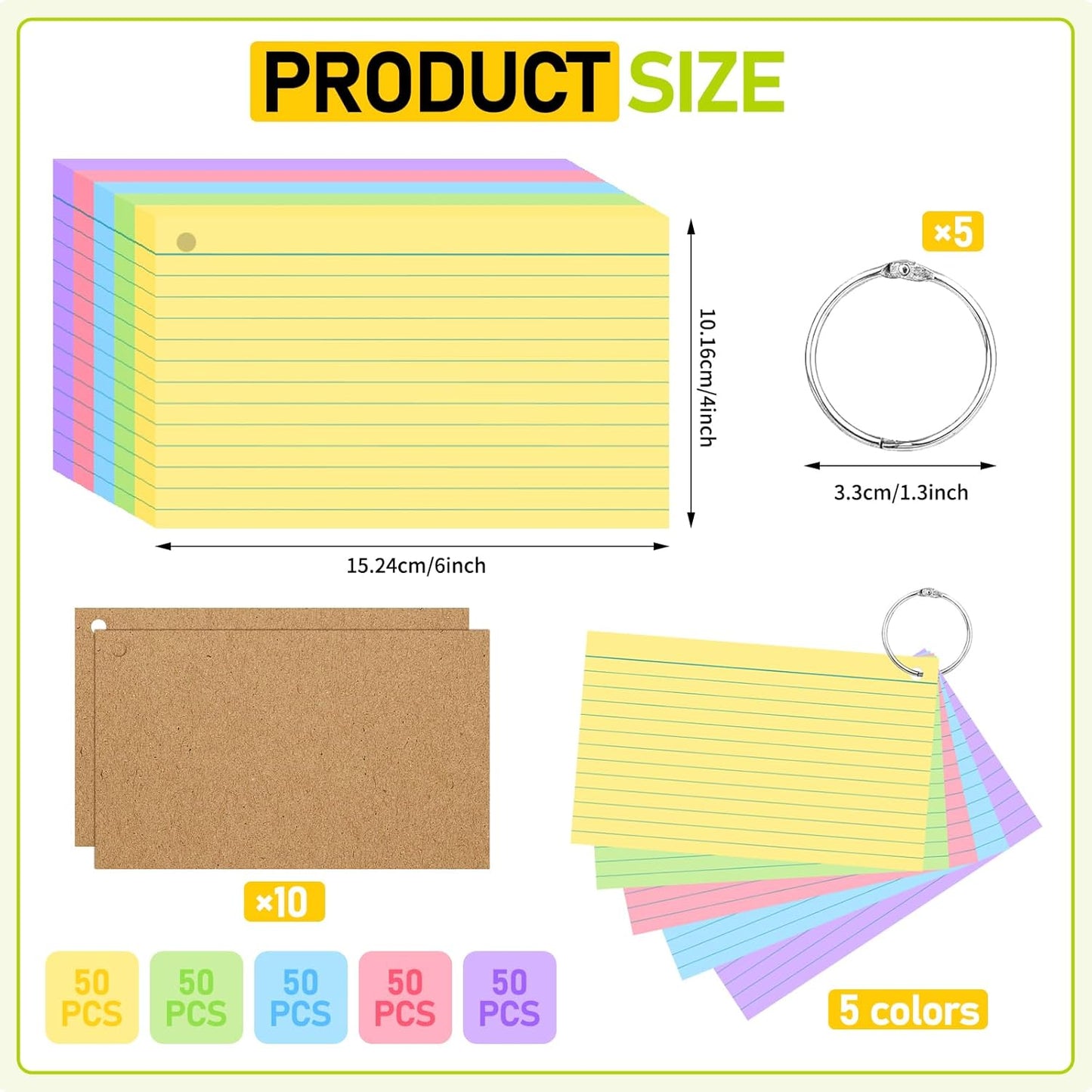 500PCS Colored Index Cards, 3x5 Inches Flash Cards with Ring, Lined on Both Side Notecards Ruled Study Card Flashcards Heavy Note Cards for Studying, Learning, School, College