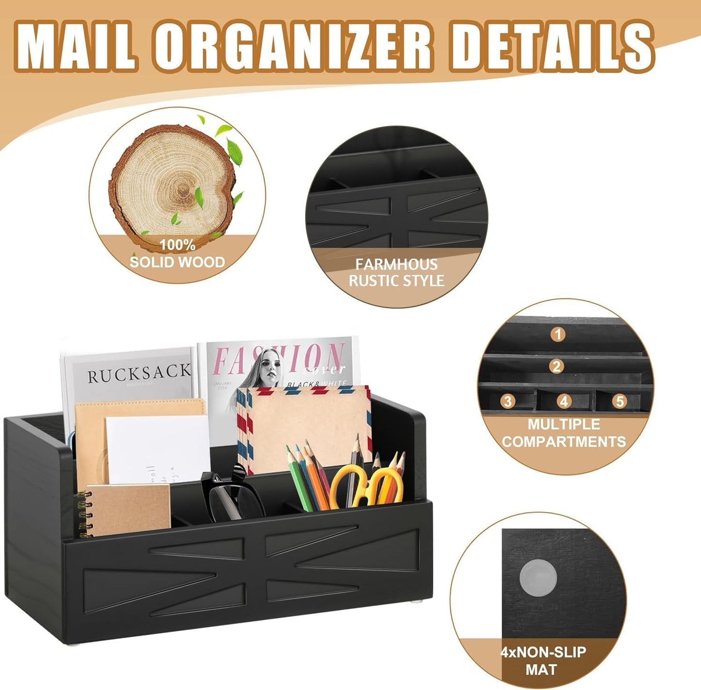 Rustic Wood Mail Organizer Countertop with 4 Slots, Black Mail Holder for Desk, Removable Dividers Mail Sorter, Letter Bill File Organizer for Home Office Classroom, Desktop Organizer with Free Labels