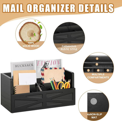 Rustic Wood Mail Organizer Countertop with 4 Slots, Black Mail Holder for Desk, Removable Dividers Mail Sorter, Letter Bill File Organizer for Home Office Classroom, Desktop Organizer with Free Labels