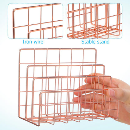 File Holder for Desk: No Wobbling 3 Slots Magazine Holder Office Desktop File Sorter Organizer for Folders Binders, Rose Gold