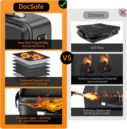 DocSafe Fireproof File Organizer with Lock, Hard-Shell Case Fireproof Document Box with 13 Pocket Accordion File Folder, Portable Home Office Travel Safe Storage for Important Documents Laptop Black