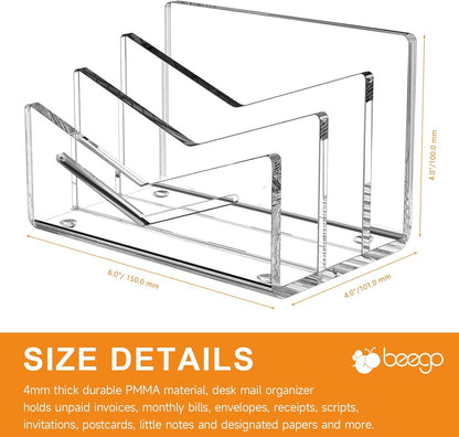 Beego Envelope and Mail Organizer Countertop - 3 Compartments Black Acrylic Desk Organizer Letter Holder Desktop File Sorter Bill Document Folder Rack for Office, Home, School Desk Organization