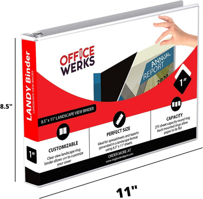 4 Pack of 8.5" X 11" Landscape View Binder, 3-Ring 1-Inch Capacity Round Ring, White Horizontal Formatted with Clear Cover Pockets, Perfect for Documents, Spreadsheets, Projects and More