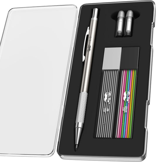 Mr. Pen- Metal Mechanical Pencil Set with Lead Refills & Erasers, 2mm, HB & Colored Lead Refills, 4x Eraser Refills for School Supplies, Note Taking, Drawing, Sketching, Office