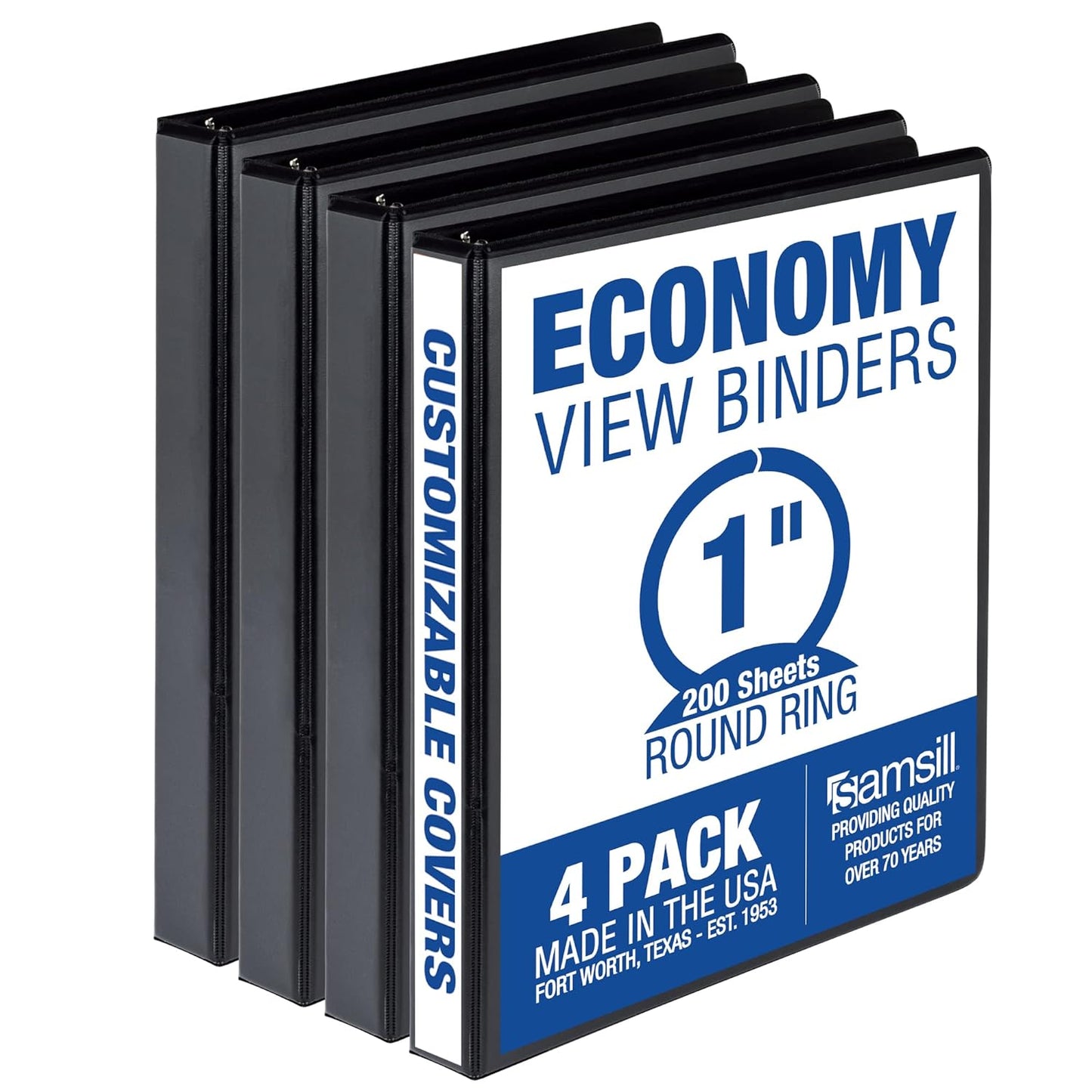 Samsill 3 Inch 3 Ring Binders, Economy Round Ring, Clear View Cover, 550 Sheet Capacity - for School, Home, Office - Black, 4 Pack