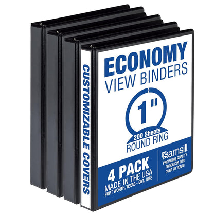 Samsill 3 Inch 3 Ring Binders, Economy Round Ring, Clear View Cover, 550 Sheet Capacity - for School, Home, Office - Black, 4 Pack