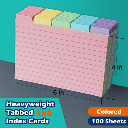 100 Pack Tabbed Index Cards 4x6 Lined Index Card Dividers with Tabs 4" x 6", Colored, 220 GSM Thick Paper