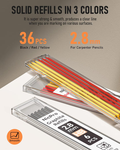 Nicpro Carpenter Pencil with Sharpener, Mechanical Pencils Set with 26 Refills, Deep Hole Marker for Construction, Heavy Duty Woodworking Tools for Architect (Black, Red) - With Case