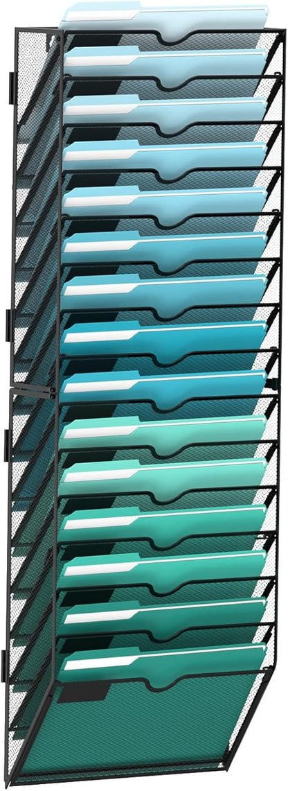 SUPEASY 10-Tier Wall File Organizer, Hanging Wall Files for Papers, Folders, Magazines, Clipboard, Wall Organizer for Office Home School Classroom, Black