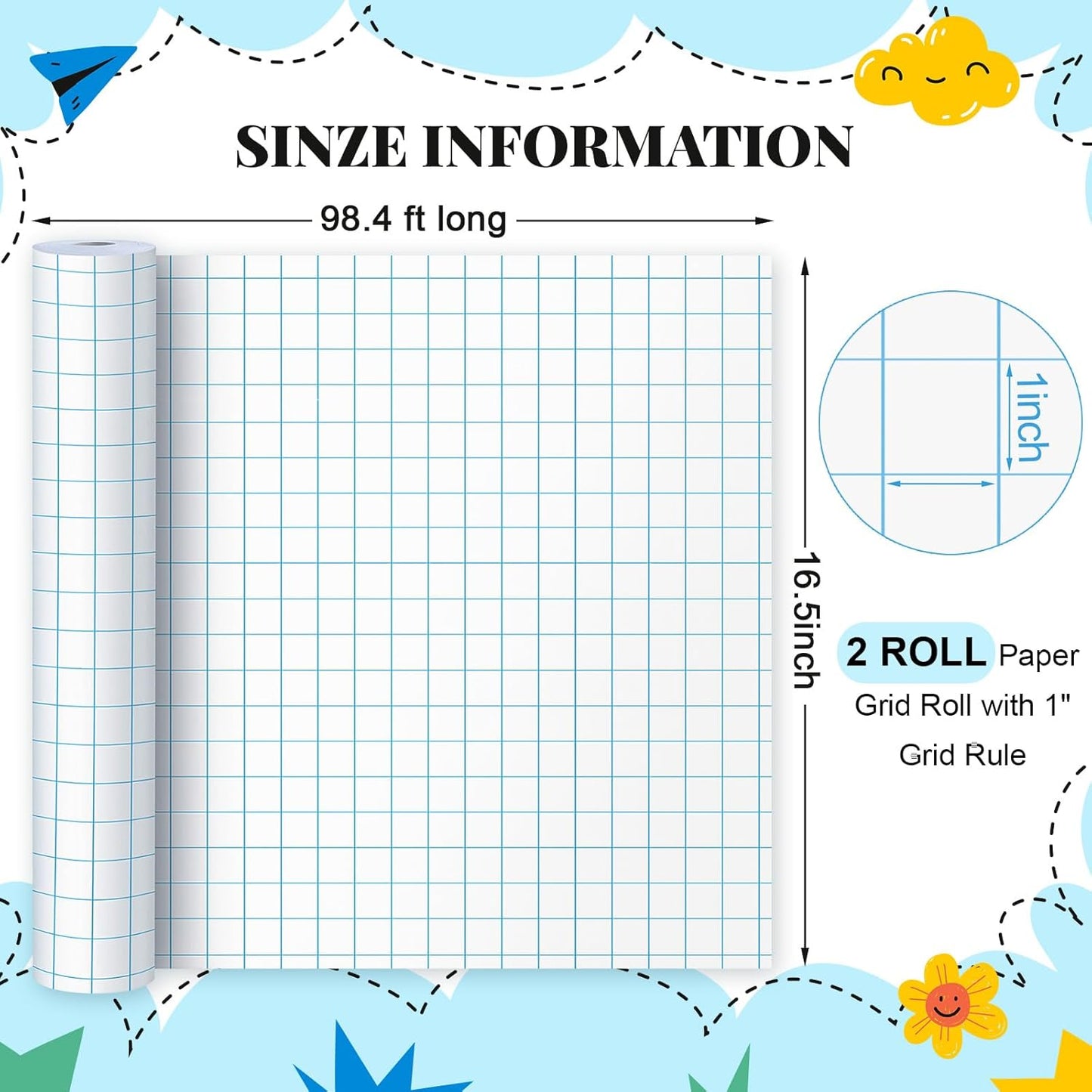 Jetec 1 Roll Large Grid Graph Paper Roll 1" Grid 16.5 Inch x 98ft Sewing Pattern Paper for Back to School Classroom Teaching Drafting Supplies Kids Students Gifts