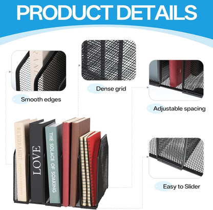 Desk File Organizer Vertical 5 Sections Metal Adjustable Magazine Holder Upright Desktop Bookshelf Organizer Stand File Sorter Office Desk Accessories Black