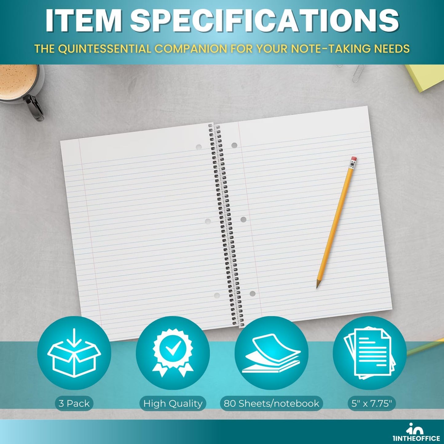 1InTheOffice 1-Subject Wirebound Notebook, College Ruled, 80 Sheets, Spiral Notebook 5x7, 7 3/4" x 5", 3/Pk