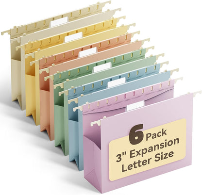 Ansook Extra Capacity Hanging File Folders Letter Size,Heavy Duty 4" Expandanle Pastel Hang Folders,6 Pack Plastic File Cabniet Folder Hanging with Tabs,Hanging File Frame Organizer