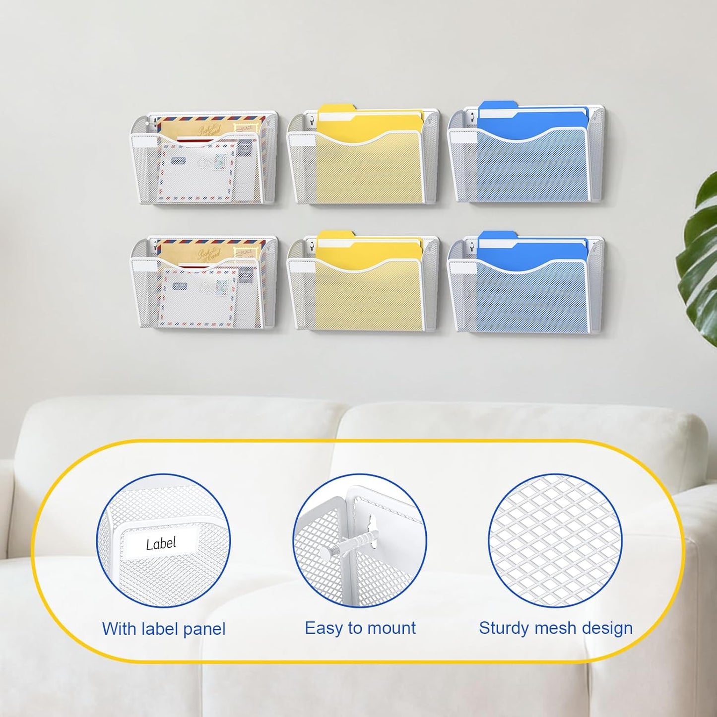 samstar 6 Pack Mesh Wall Mounted File Holder Metal Wall File Pocket Mail Organizer for Office/Home(with Label Panel)