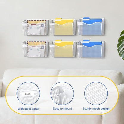 samstar 6 Pack Mesh Wall Mounted File Holder Metal Wall File Pocket Mail Organizer for Office/Home(with Label Panel)