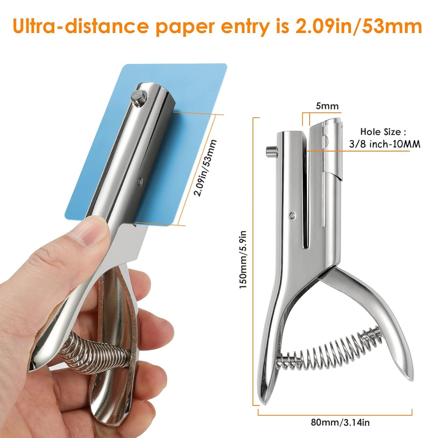 Hole Punch 2" Reach 1/4 inch Single Hole Punch,Heavy Duty Hole Puncher Single,Portable Hand Held Long Paper Punch for Paper Cards Plastic Cardboard (Silver) (1/4"-6mm Hole)