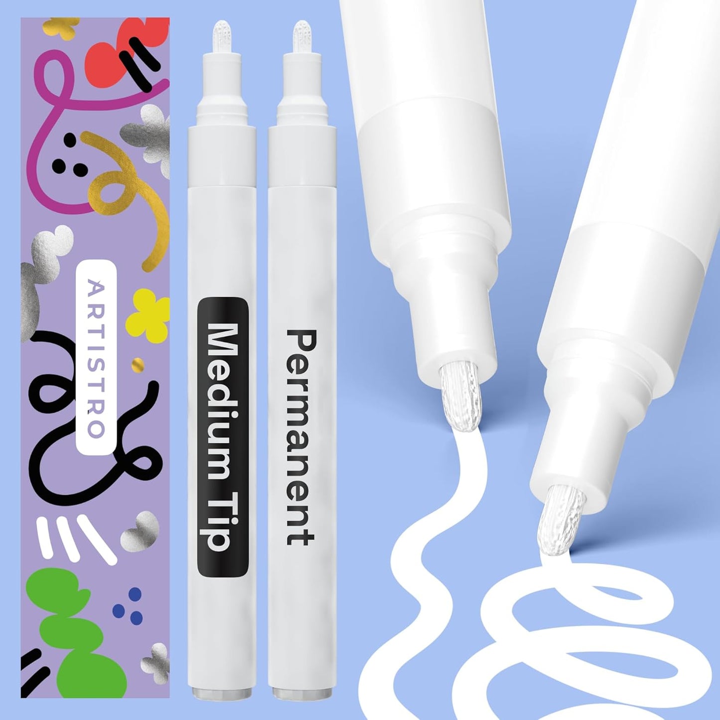 ARTISTRO 2 White Permanent Marker - Waterproof Markers for Tire, Fabric, Rocks, Glass, Ceramic, Wood, Paper - Oil Based Paint Pens - Extra-Fine Tip 0.7mm