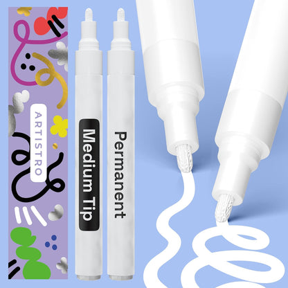 ARTISTRO 2 White Permanent Marker - Waterproof Markers for Tire, Fabric, Rocks, Glass, Ceramic, Wood, Paper - Oil Based Paint Pens - Extra-Fine Tip 0.7mm
