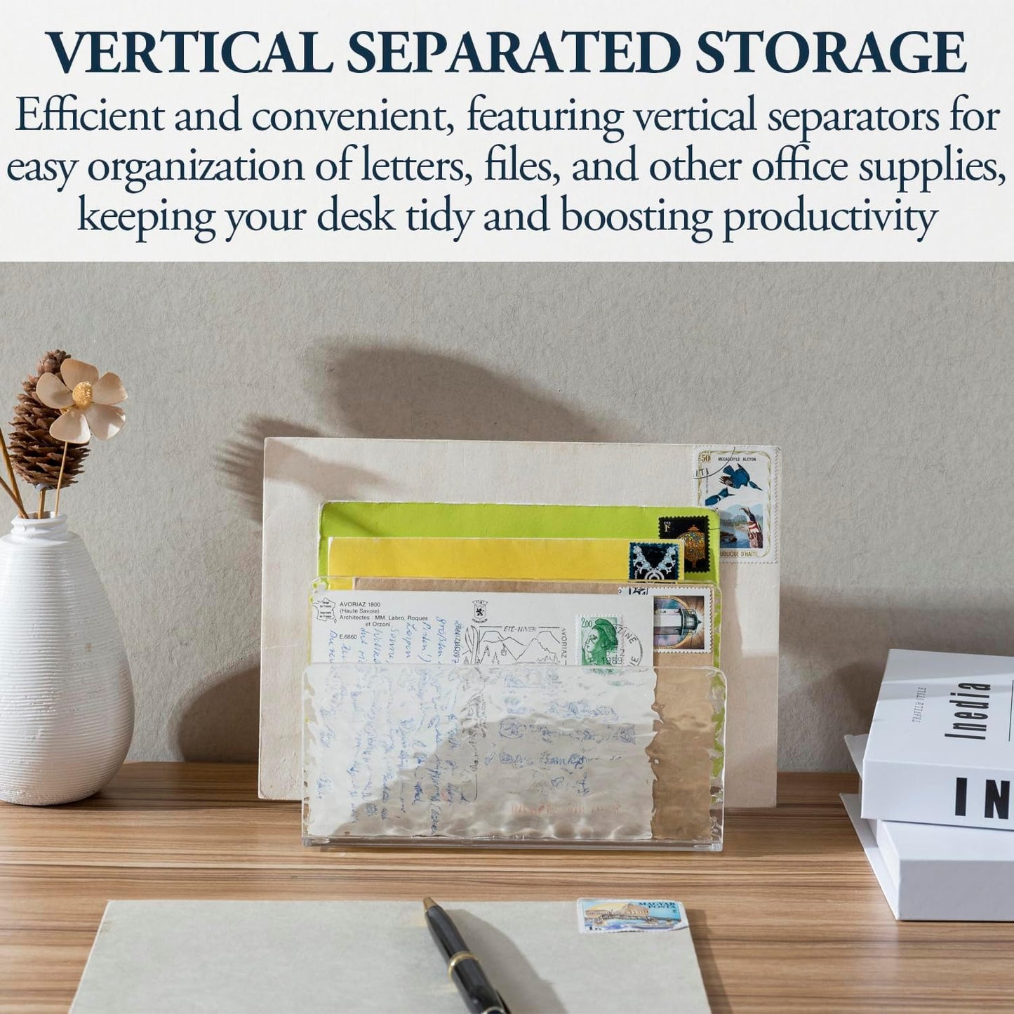 MyGift 2 Slot Modern Ripple Texture Premium Clear Acrylic Desktop Mail Holder Letter Sorter, Transparent Office Desk Paper File Divider Vertical Storage Rack