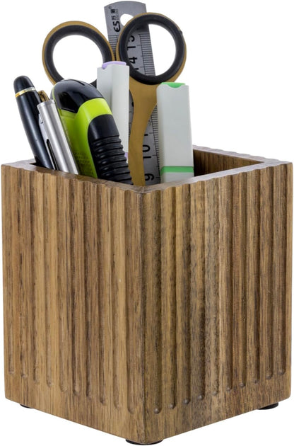 MyGift Premium Acacia Solid Wood Pen Pencil Cup with Textured Fluted Design, Desktop Wooden Office Supply Organizer Holder