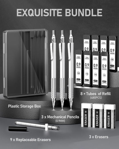 Four Candies Mechanical Graphite Pencil Set, 3pcs Black Metal Pencils with Anti-Skid Grip, Ideal for Artists, Professionals, Teachers and Students