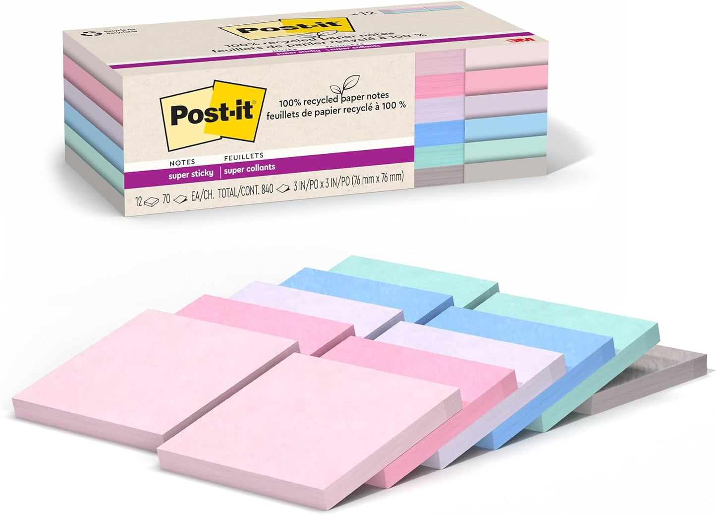 Post-it 100% Recycled Paper Super Sticky Notes, 3 in. x 3 in., 12 Pads, 70 Sheets per Pad, Wanderlust Pastels, School Supplies and Office Products